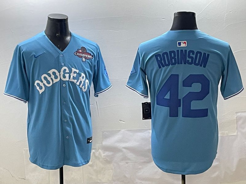Men Los Angeles Dodgers 42 Robinson Light Blue Joint Name 2025 Nike MLB Jersey style 4